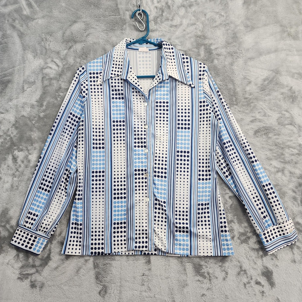 Vintage 70s Top Womens M Blue Stripe Dot Button Front Long Sleeve Preppy Boho